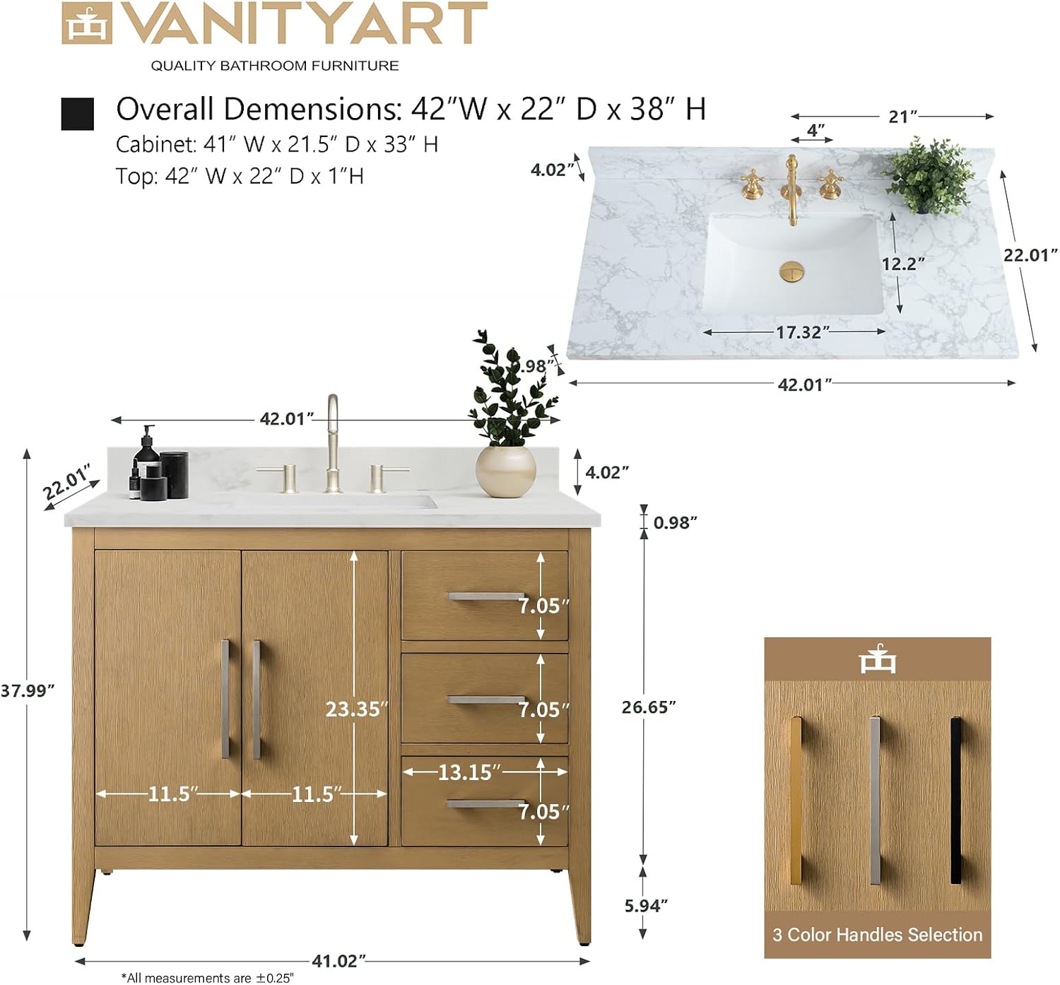 Vanity Art 42 inch Bathroom Vanity with Single Sink & Ceramic Top, Vanity Cabinet with Soft-Closing Doors, Drawers, Solid Wood Frame, Natural Oak, Brushed Nickle Handware