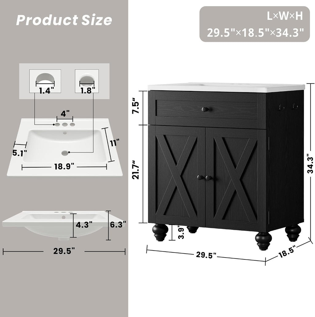 30 Inch Bathroom Vanity with Sink Easy-to-Install 30' Bathroom Vanity 2-Tier Large Storage Areas with Adjustable Shelves 4-Tier Storage Compartments Tip-out Drawer 2 Hooks Solid Wood Legs Black