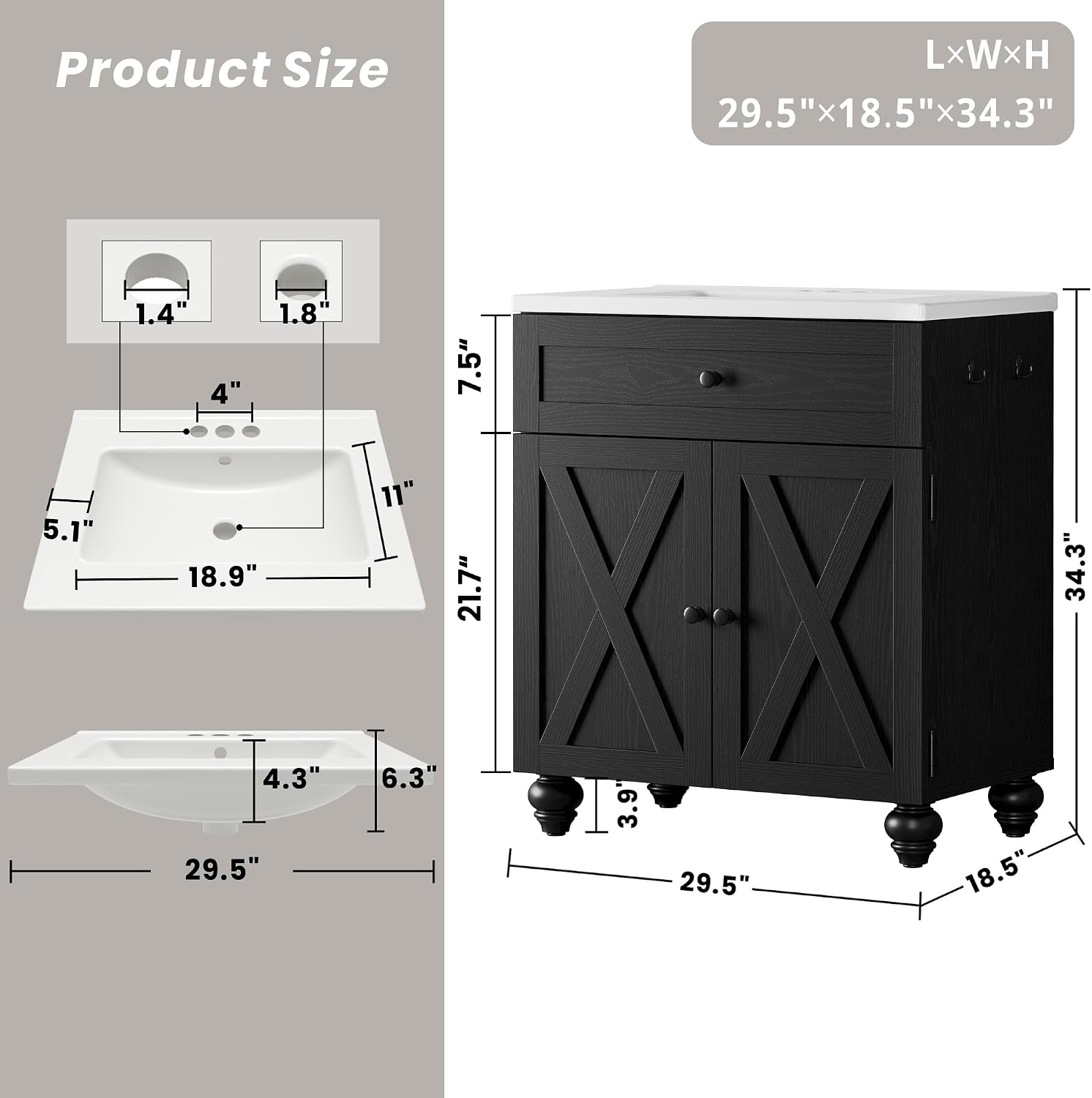 30 Inch Bathroom Vanity with Sink Easy-to-Install 30' Bathroom Vanity 2-Tier Large Storage Areas with Adjustable Shelves 4-Tier Storage Compartments Tip-out Drawer 2 Hooks Solid Wood Legs Black