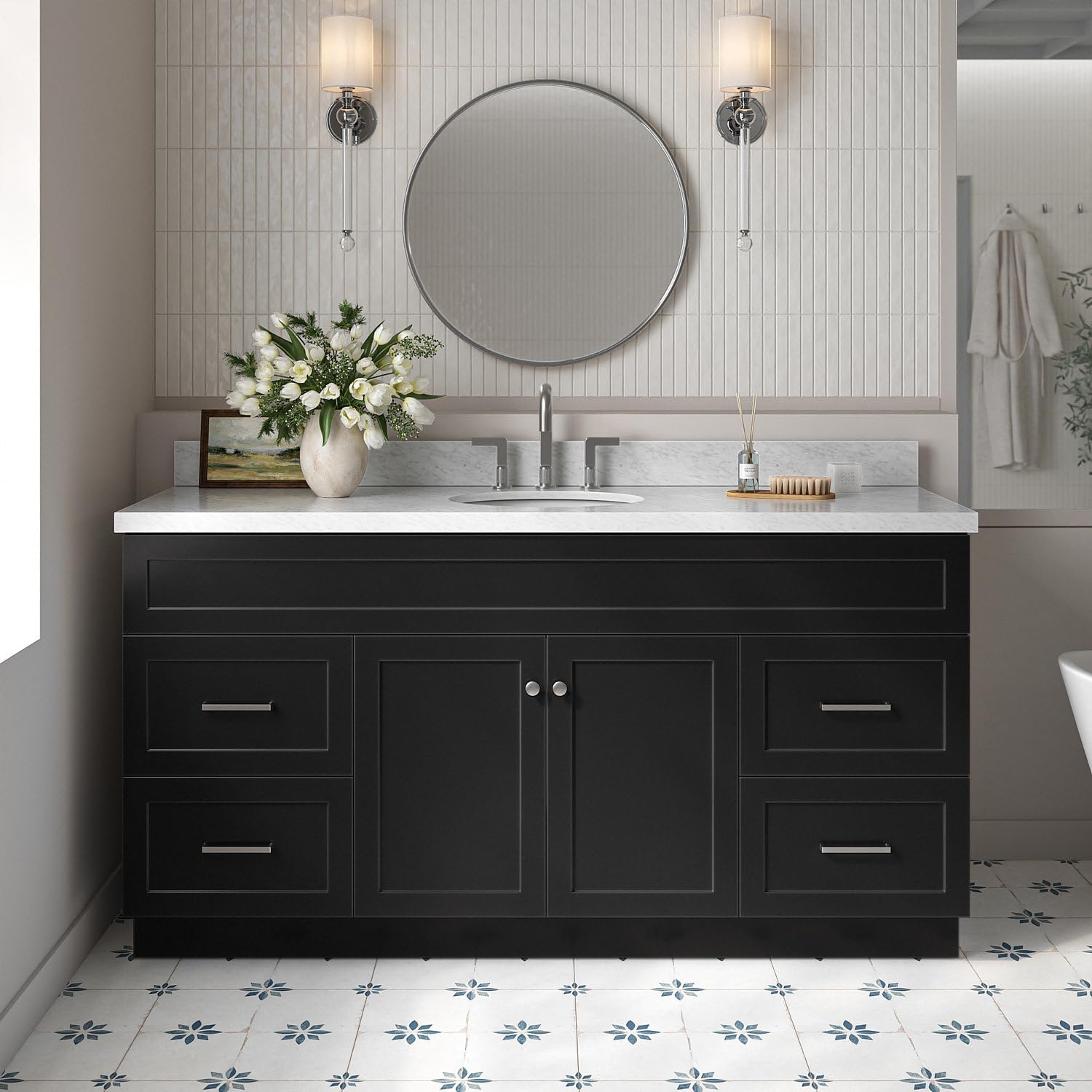 ARIEL Hamlet 66-inch Bathroom Vanity with Sink,Solid Wood, 1.5-inch Italian Carrara Marble Countertop & Backsplash, Single Oval Porcelain Sink, 2 Soft Closing Doors, 4 Dovetail Drawers, Black