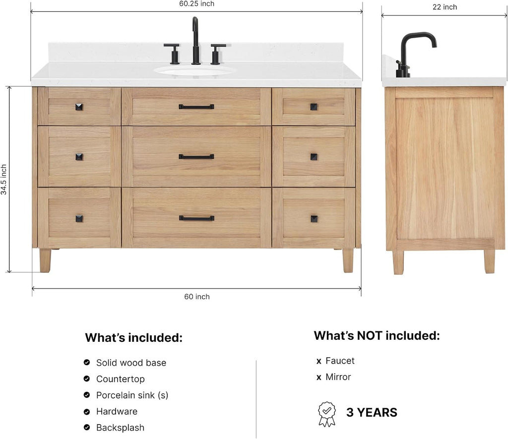 ARIEL Monroe 60-inch Bathroom Vanity with Sink,Solid Wood, 1.5-inch Carrara White Quartz Countertop, Single Oval Porcelain Sink, Dovetail Drawers, White Oak