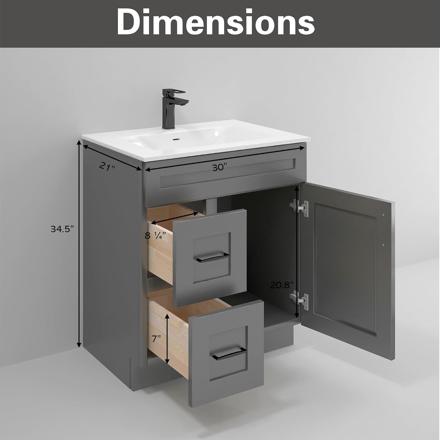 30' Shaker Bathroom Vanity Sink Base with Drawers (Ready-to-Assemble) (Grey Shaker Vanity Base)