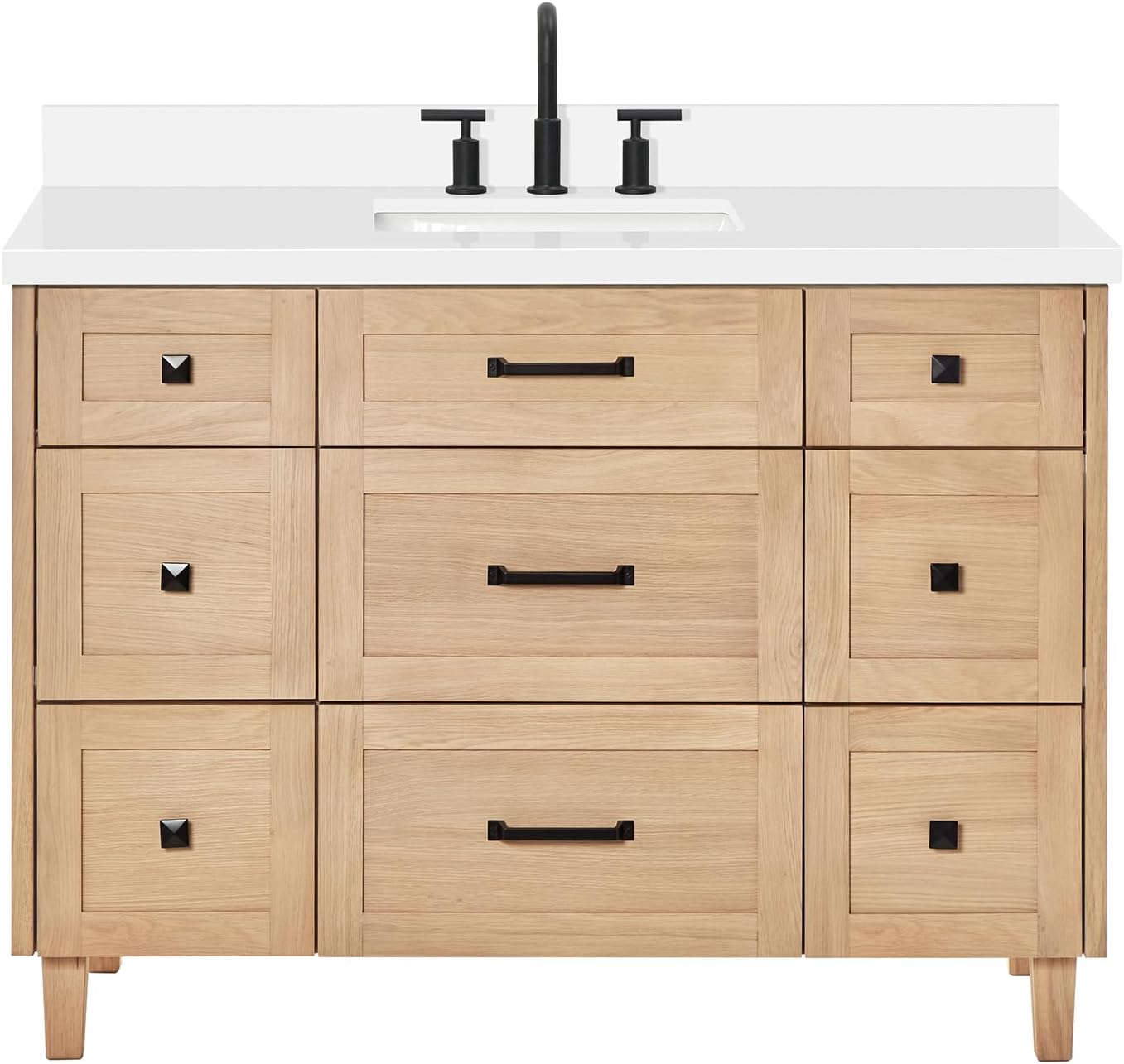 ARIEL Monroe 48-inch Bathroom Vanity with Sink,Solid Wood, 1.5-inch Pure White Quartz Countertop & Backsplash, Single Rectangular Porcelain Sink, 9 Dovetail Drawers, Matte Black, White Oak