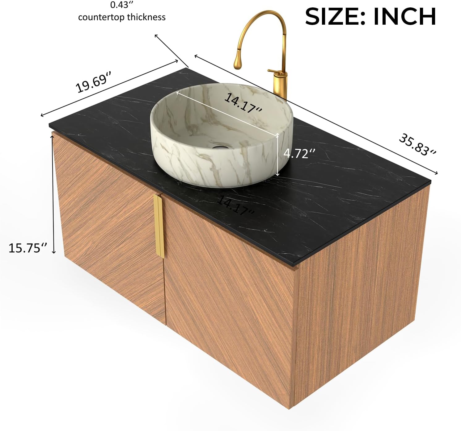 LKTART 36 Inch Bathroom Vanity with Sink, Modern Wall Mounted Bathroom Sink with 2 Doors, Black Sintered Stone Countertop and Stone Round Ceramic Basin
