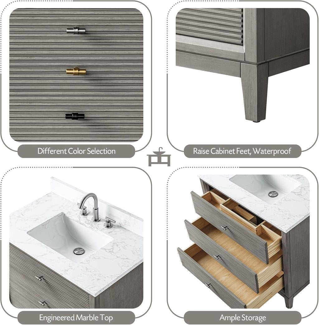 Vanity Art 36' Bathroom Vanity with Single Sink & Arabescato White Engineered Stone Top, Vanity Cabinet with Soft Closing Door, Solid Wood Frame, Brushed Nickel Handles, Driftwood Gray VA8136-DG-BN