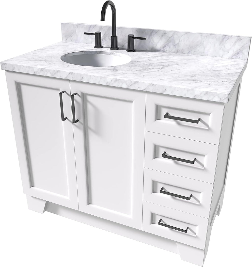 ARIEL Taylor 42-inch Bathroom Vanity with Sink,Solid Wood, 1.5-inch Italian Carrara Marble Countertop & Backsplash, Single Oval Porcelain Sink, 2 Soft Closing Doors, 5 Dovetail Drawers, White