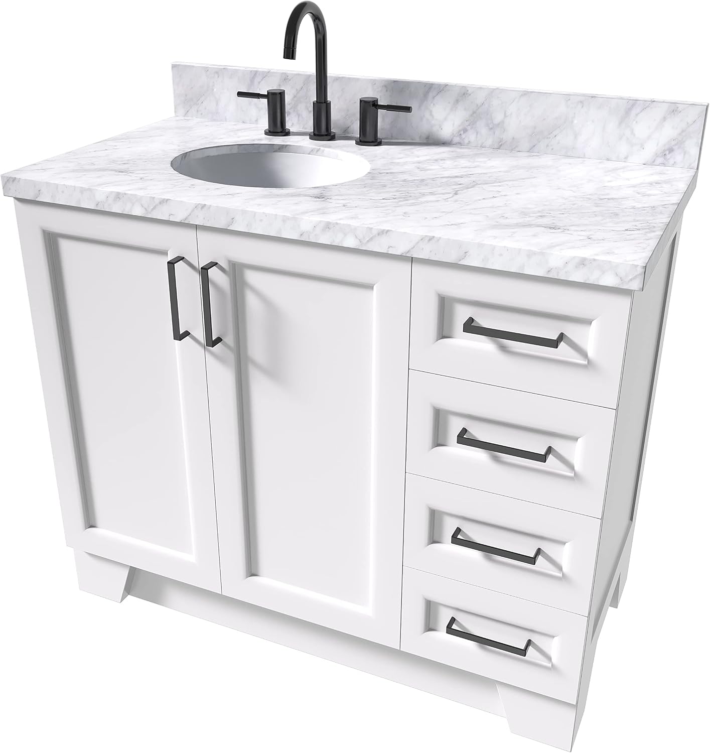 ARIEL Taylor 42-inch Bathroom Vanity with Sink,Solid Wood, 1.5-inch Italian Carrara Marble Countertop & Backsplash, Single Oval Porcelain Sink, 2 Soft Closing Doors, 5 Dovetail Drawers, White