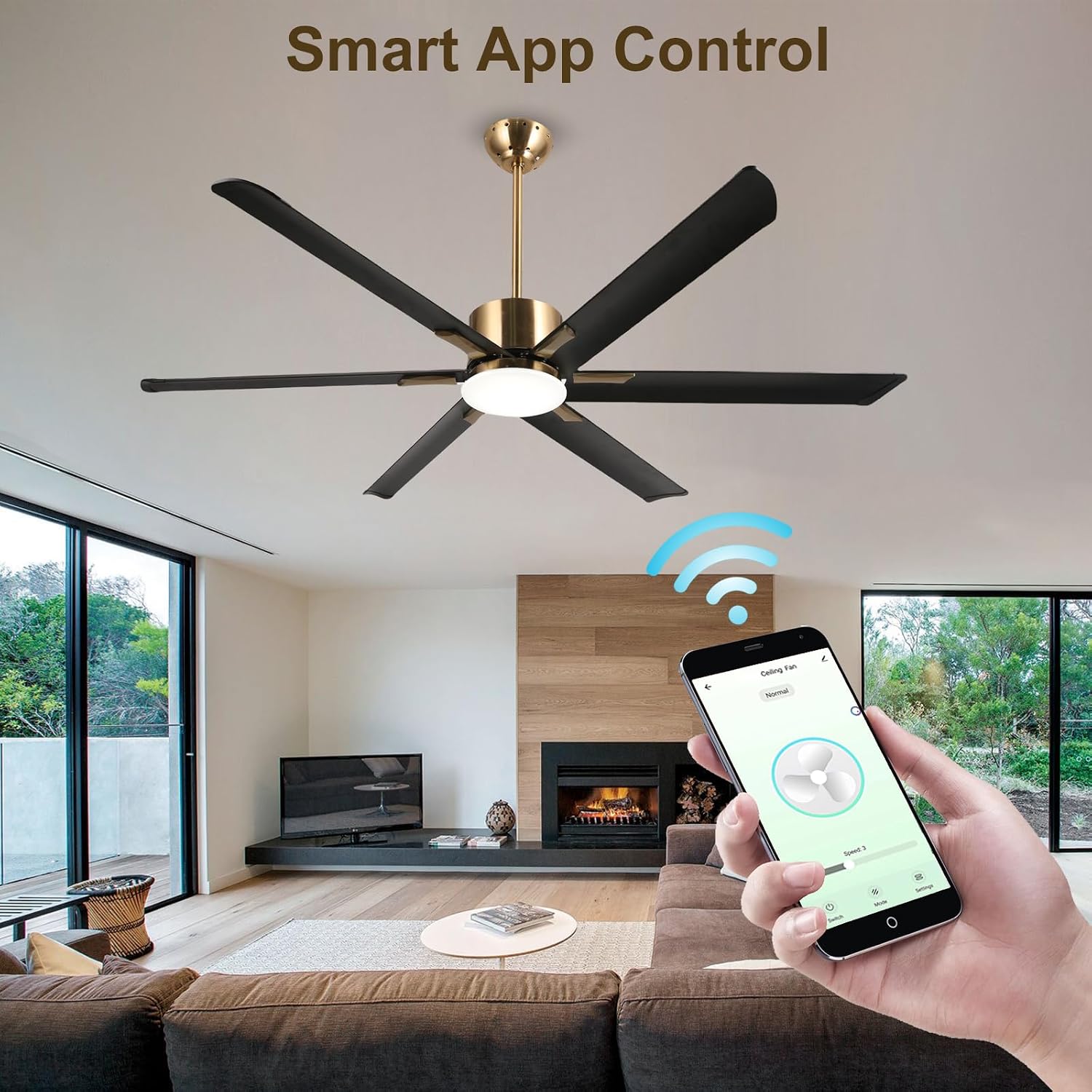 reiga 72' Indoor Outdoor Black Gold 6 Aluminum Metal Blades Extra Large Modern DC Ceiling Fan with Dimming LED Light Kit, 6 Speeds, Timer, Reversible Airflow Motor for Garage, Patio, Living Room