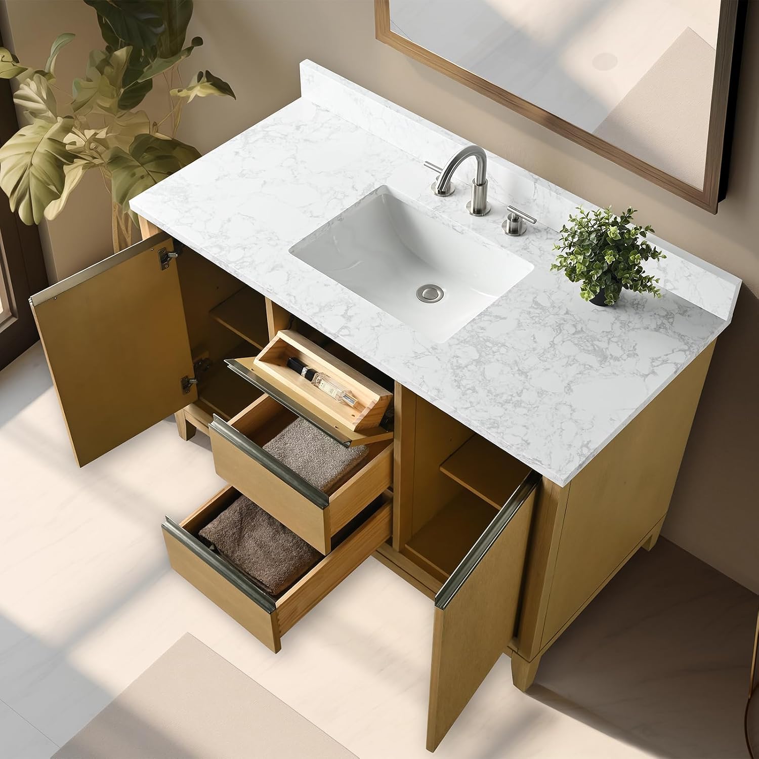 Vanity Art 48 inch Bathroom Vanity with Sink & Ceramic Top, Vanity Cabinet with Soft-Closing Doors, Drawers, Solid Wood Frame, Natural Oak, VA8048-NO1