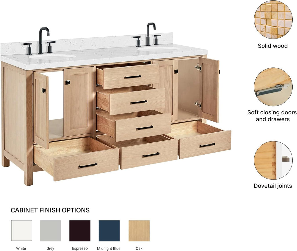 ARIEL Cambridge 66-inch Bathroom Vanity with Sink,Solid Wood, 1.5-inch Carrara White Quartz Countertop & Backsplash, Double Oval Porcelain Sink, 4 Soft Closing Doors, 6 Dovetail Drawers, White Oak