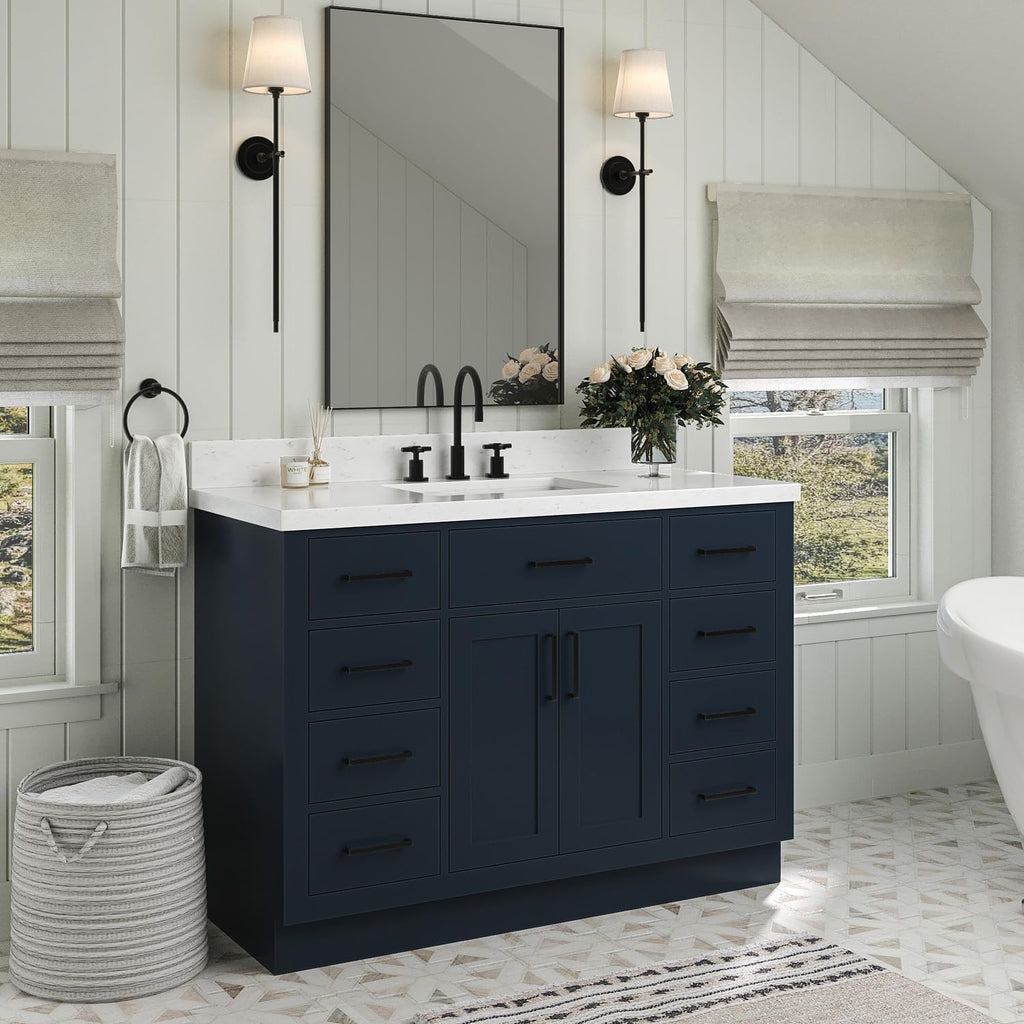 ARIEL Hepburn 48-inch Bathroom Vanity with Sink,Solid Wood, 1.5-inch Carrara White Quartz Countertop, Single Rectangular Porcelain Sink, 2 Soft Closing Doors, 9 Dovetail Drawers, Midnight Blue