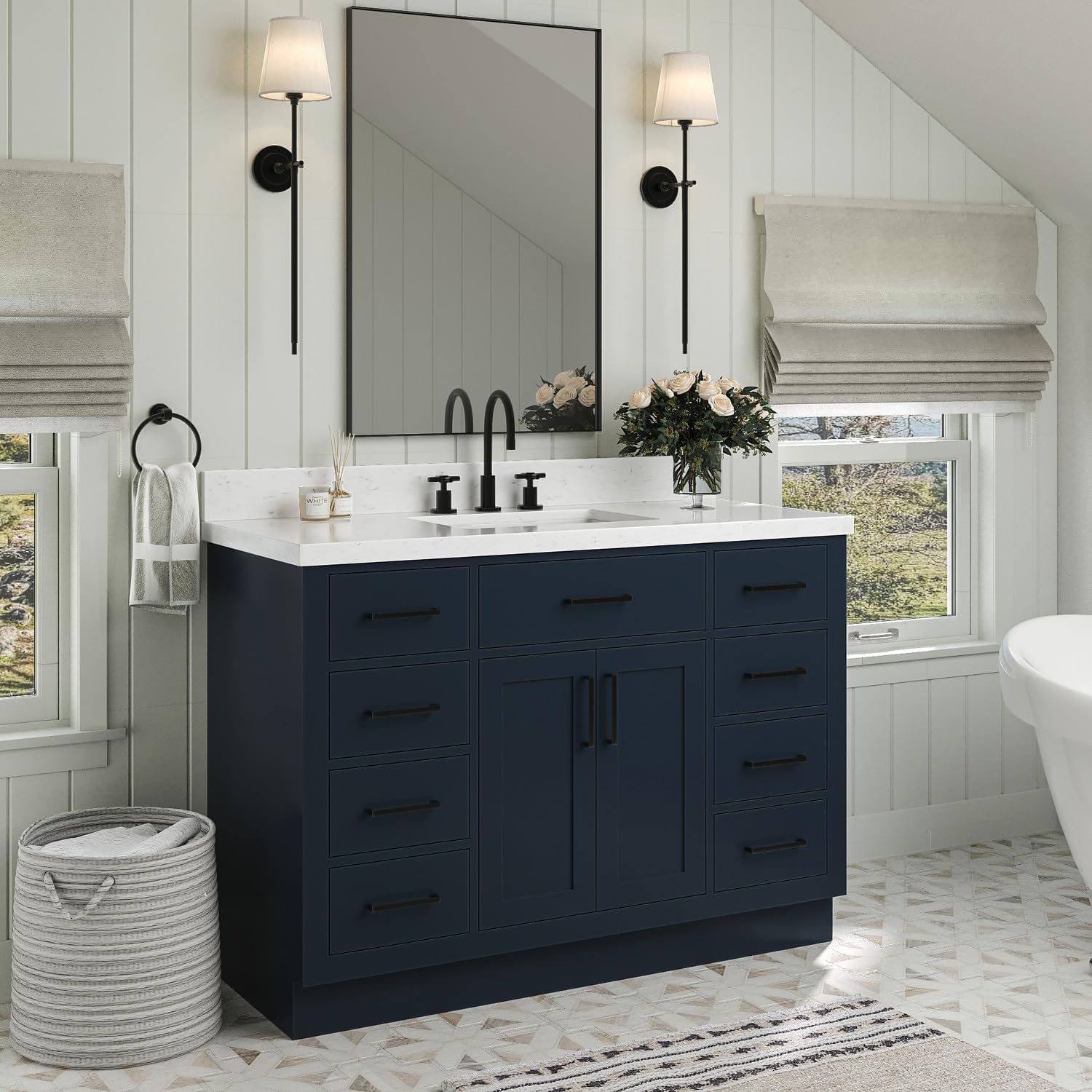 ARIEL Hepburn 48-inch Bathroom Vanity with Sink,Solid Wood, 1.5-inch Carrara White Quartz Countertop, Single Rectangular Porcelain Sink, 2 Soft Closing Doors, 9 Dovetail Drawers, Midnight Blue