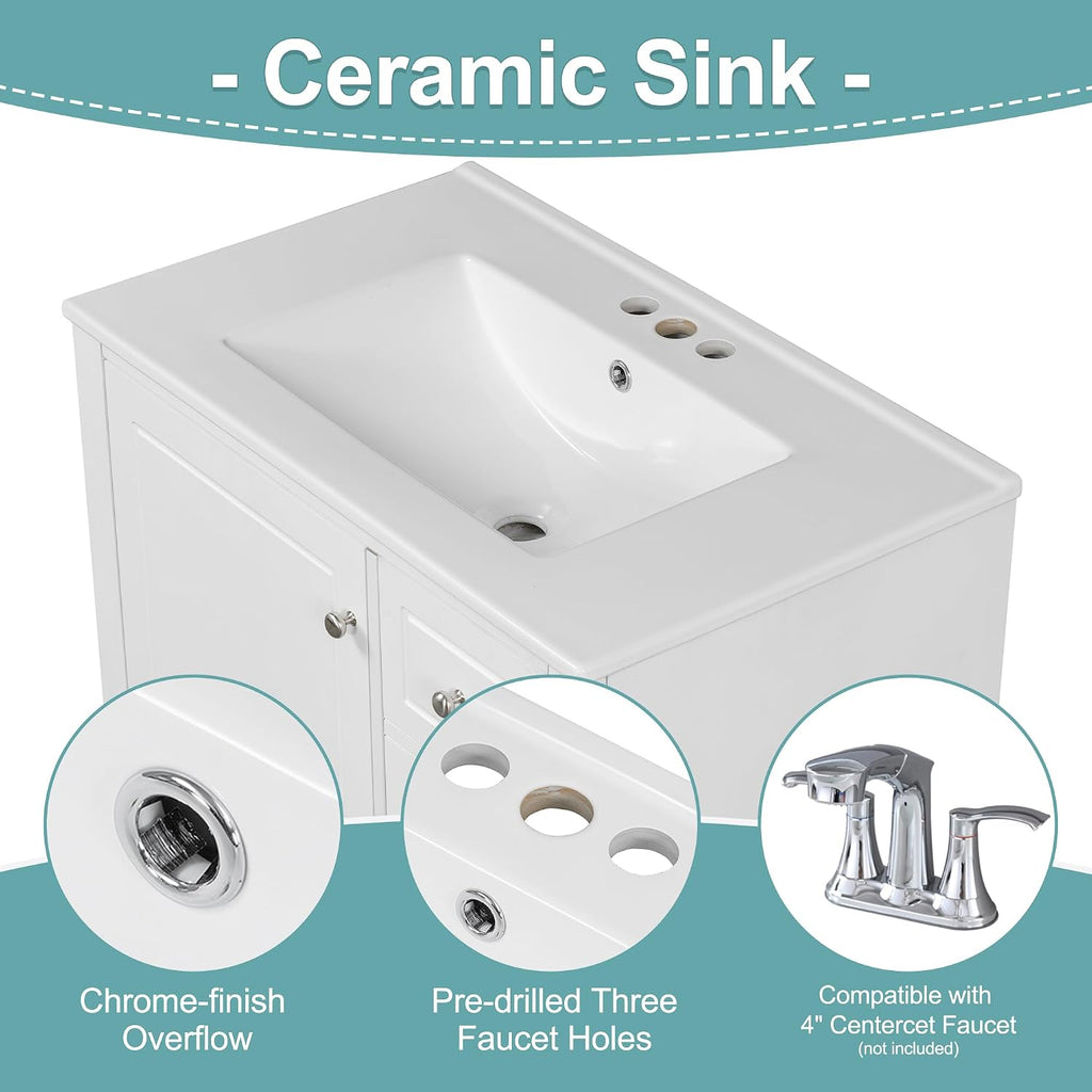 Mirightone 30' Vanity with Sink, Bathroom Vanities 30 Inch with Sink, Single Sink Bathroom Vanity with Door Shelf and Three Drawers, Restroom Vanity with Sink Top (White)