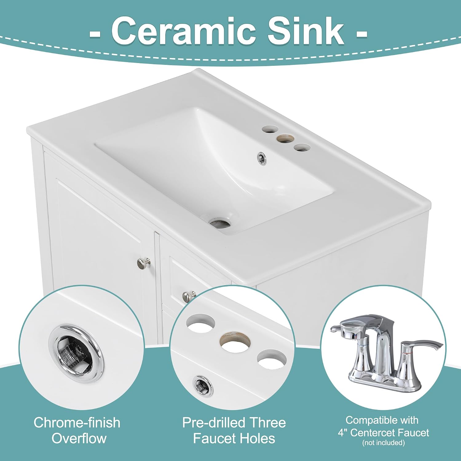 Mirightone 30' Vanity with Sink, Bathroom Vanities 30 Inch with Sink, Single Sink Bathroom Vanity with Door Shelf and Three Drawers, Restroom Vanity with Sink Top (White)