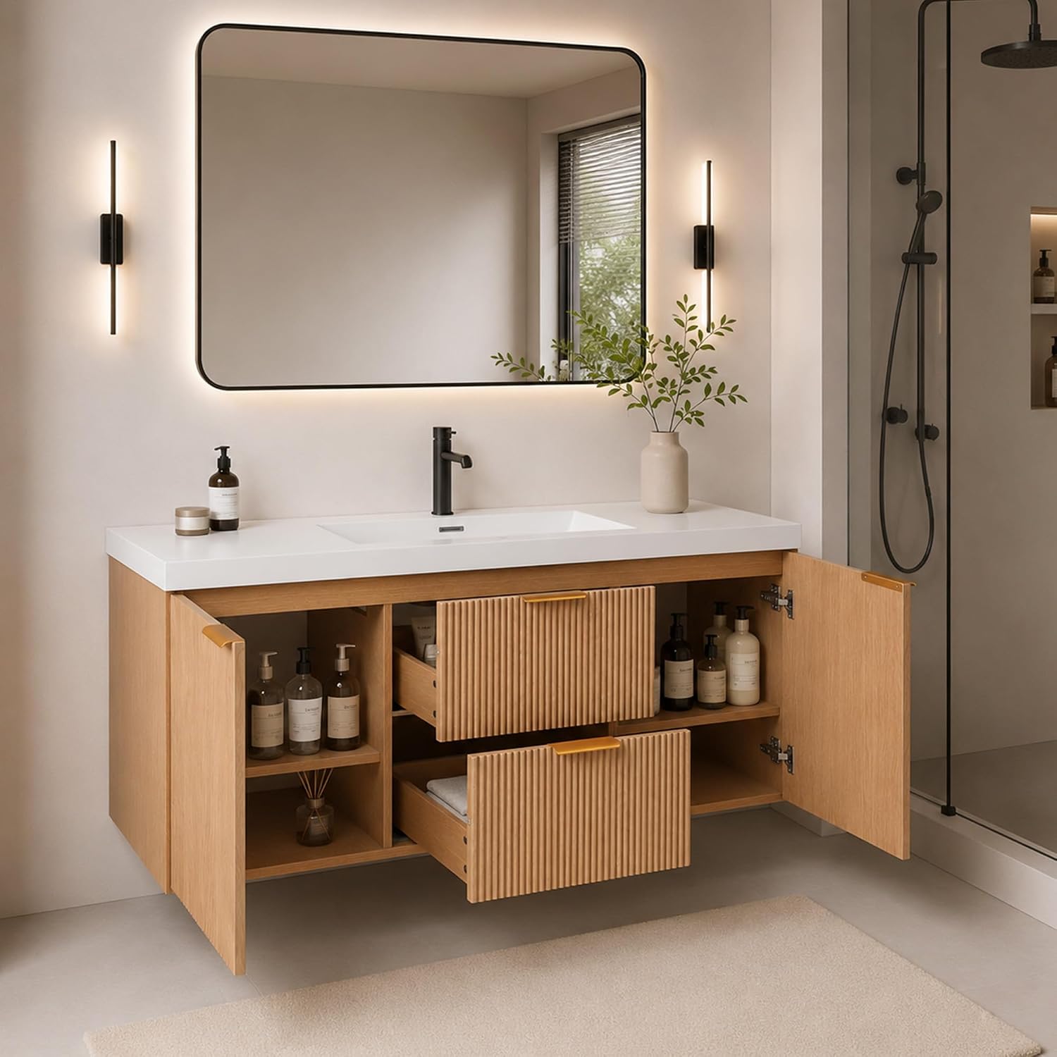 48'' Floating Bathroom Vanity with Sink, Painted Surface Wall Mounted Bathroom Vanity Cabinet, Soft Closing System, SMC Vanity Top, Natural