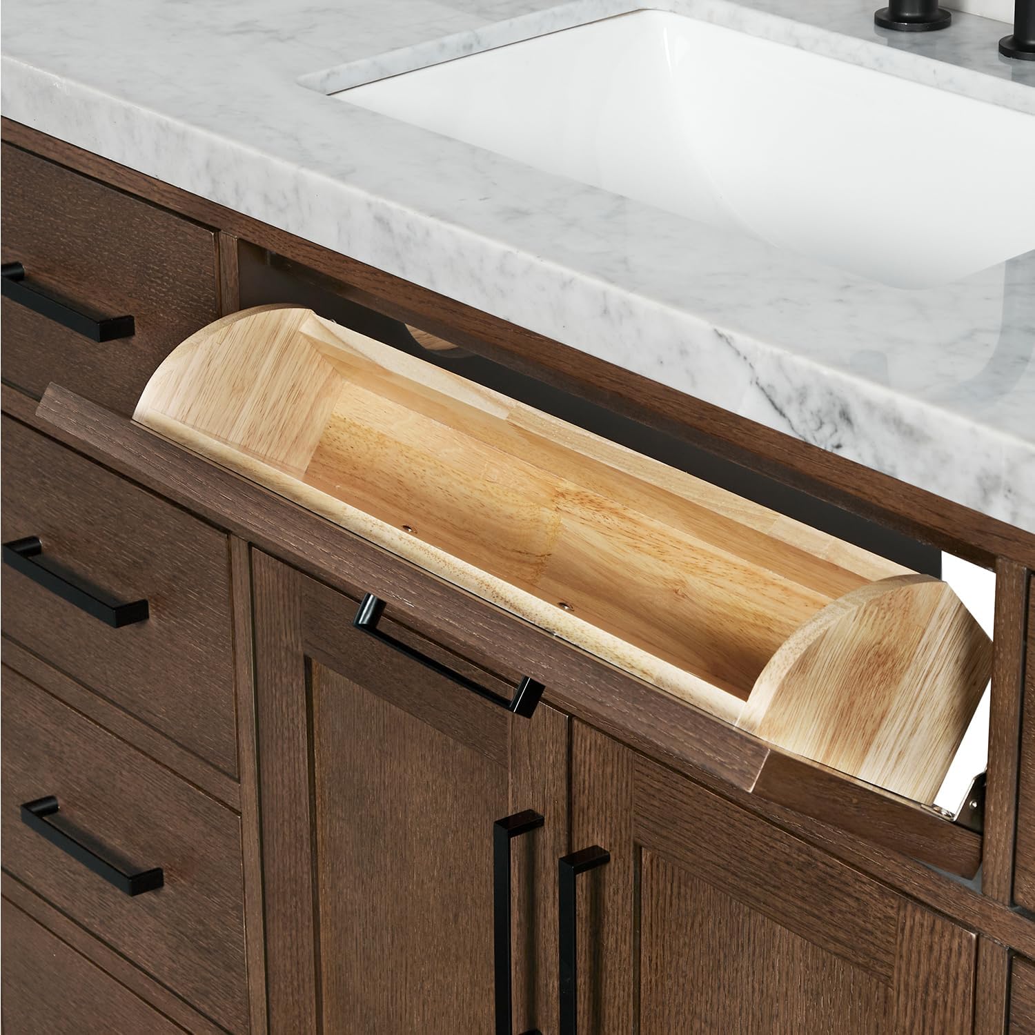 ARIEL Hepburn 60-inch Bathroom Vanity with Sink,Solid Wood, 1.5-inch Italian Carrara Marble Countertop, Single Rectangular Porcelain Sink, 2 Soft Closing Doors, 9 Dovetail Drawers, Brown Oak