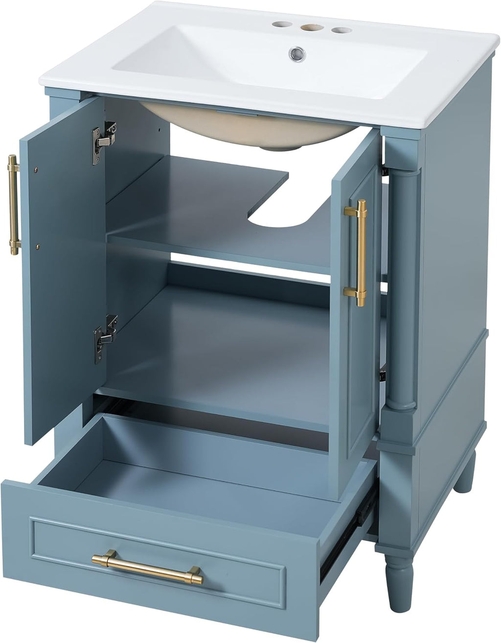 VilroCaz 24' Modern Bathroom Vanity with Ceramic Sink, Ornate Motif Design Doors & Soft-Close Hinges, Wood Bathroom Cabinet with Drawer, Ornately Carved French Cylinder Legs (Blue-4.23)