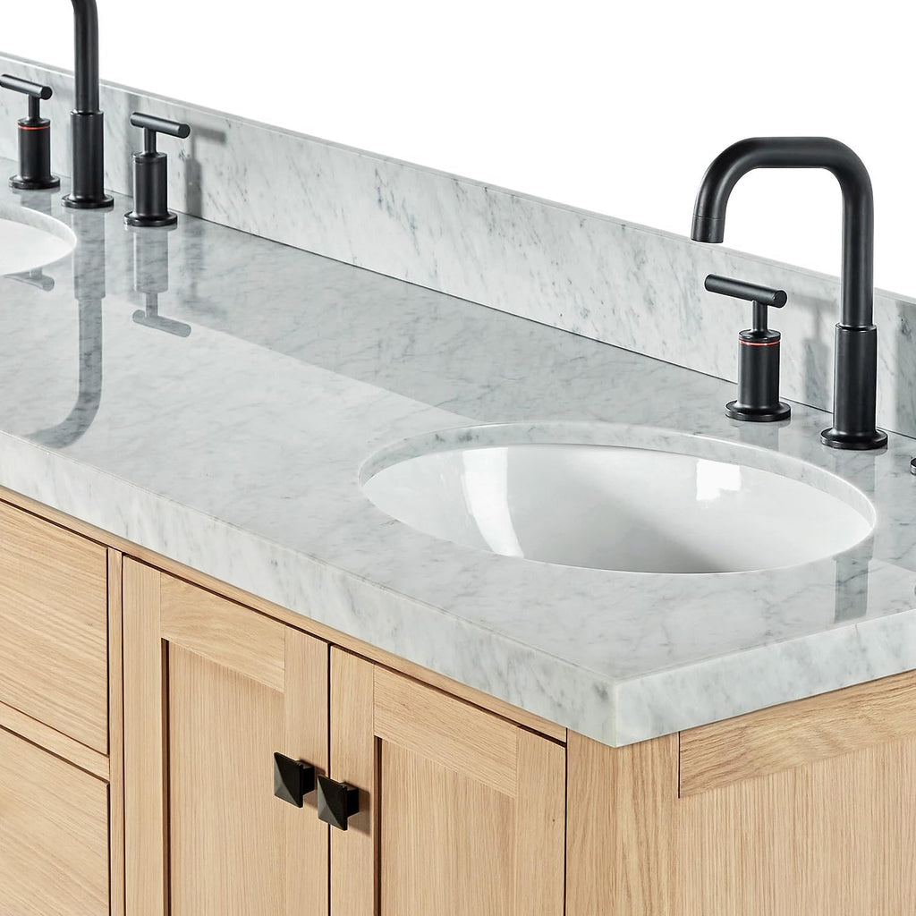 ARIEL Cambridge 66-inch Bathroom Vanity with Sink,Solid Wood, 1.5-inch Italian Carrara Marble Countertop, Double Oval Porcelain Sink, 4 Soft Closing Doors, 6 Dovetail Drawers, White Oak