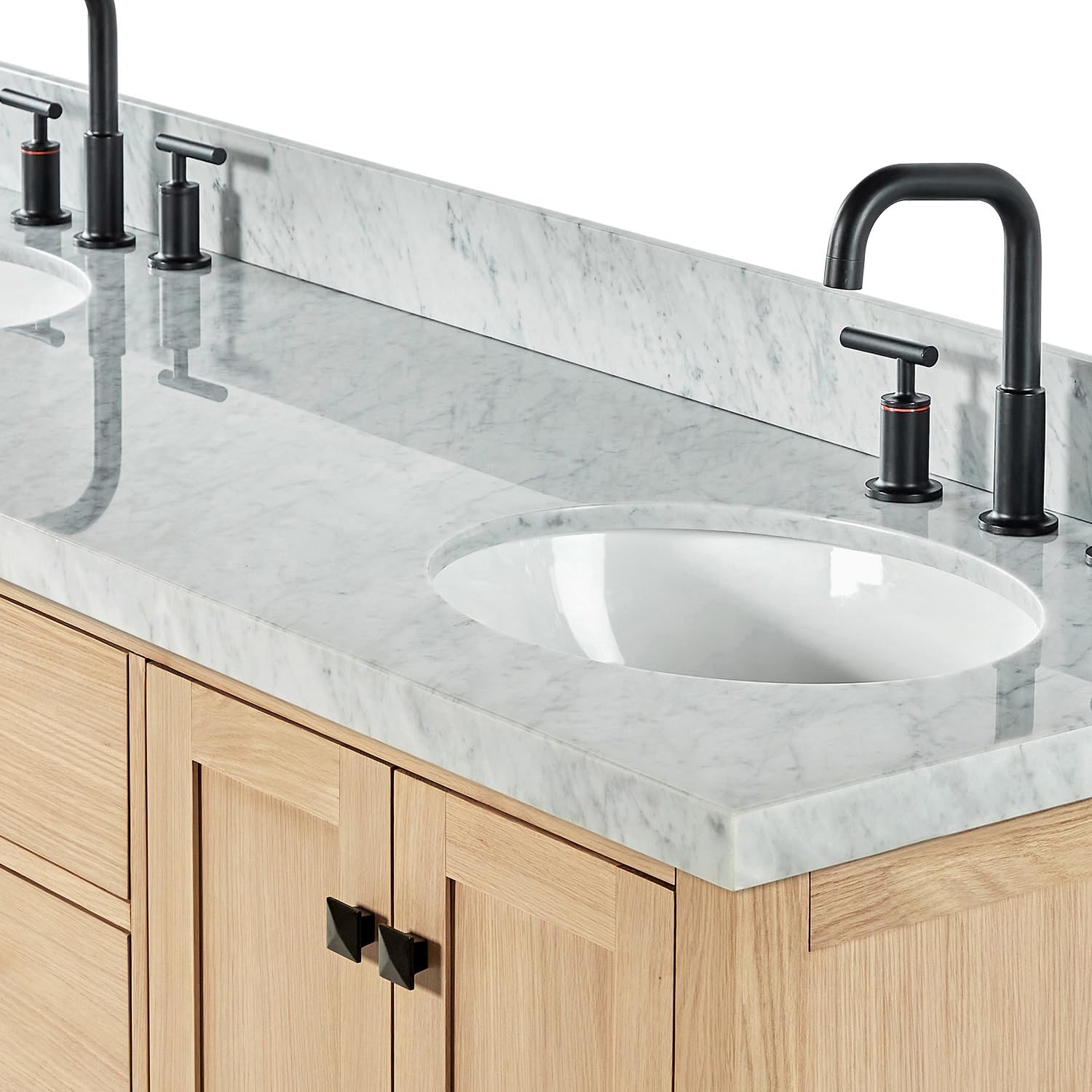 ARIEL Cambridge 66-inch Bathroom Vanity with Sink,Solid Wood, 1.5-inch Italian Carrara Marble Countertop, Double Oval Porcelain Sink, 4 Soft Closing Doors, 6 Dovetail Drawers, White Oak