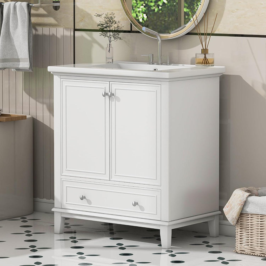 30' Bathroom Vanity with Sink Combo, Multi-Functional Bathroom Cabinet with Doors and Drawer, Solid Frame and MDF Board, White