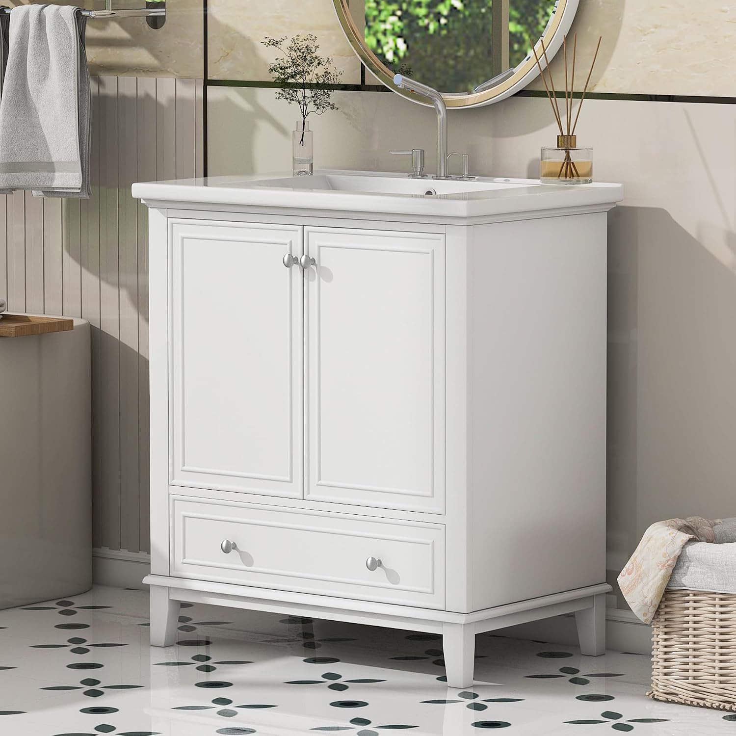 30' Bathroom Vanity with Sink Combo, Multi-Functional Bathroom Cabinet with Doors and Drawer, Solid Frame and MDF Board, White