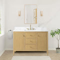 HOMEBEYOND 48' Bathroom Vanity with Sink, Solid Wood Bathroom Vanity Free-Standing Cabinet, Drawers, Ceramic Top & Soft Closing Door, Golden Brushed Handware, Natural Oak