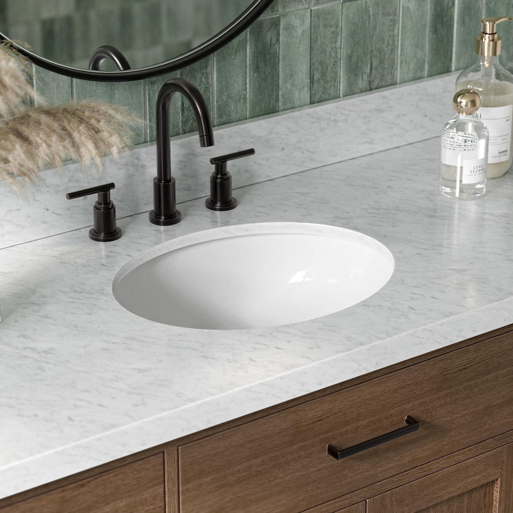 ARIEL Hepburn 54-inch Bathroom Vanity with Sink,Solid Wood, 1.5-inch Italian Carrara Marble Countertop & Backsplash, Single Oval Porcelain Sink, 2 Soft Closing Doors, 9 Dovetail Drawers, Brown Oak