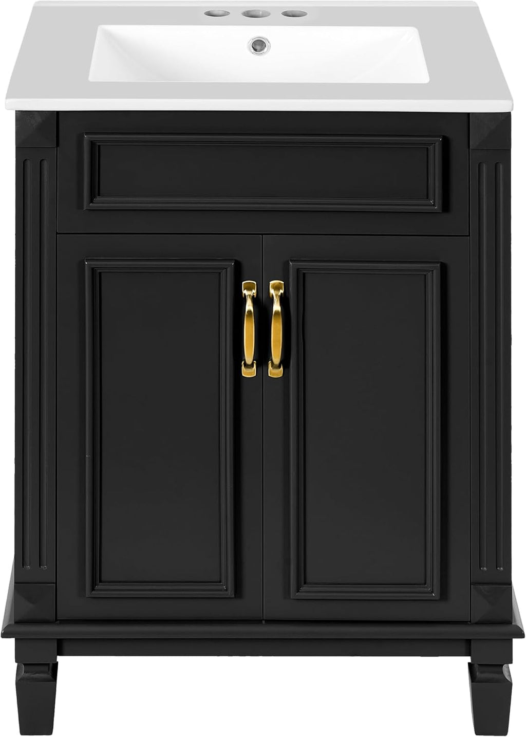 24 Inch Black Bathroom Vanity with Sink,Modern Bathroom Vanity with Intergrated Countertop & 2 Tier Storage Cabinet,Soft-Closing Doors with Gold Handles,Adjustable Shelf,Solid Wood Frame
