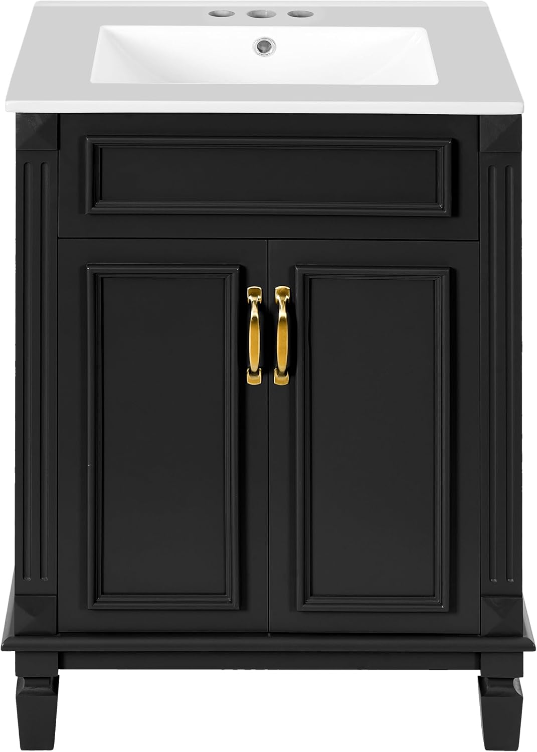 24 Inch Black Bathroom Vanity with Sink,Modern Bathroom Vanity with Intergrated Countertop & 2 Tier Storage Cabinet,Soft-Closing Doors with Gold Handles,Adjustable Shelf,Solid Wood Frame