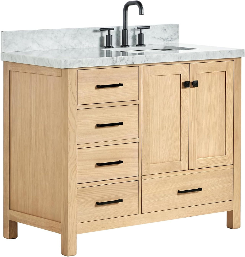 ARIEL 66-Inch Oak Bathroom Vanity with Sink, Italian Carrara Marble Countertop 1.5' Edge & Backsplash, Soft Closing Doors & Drawers, Matte Black Hardware