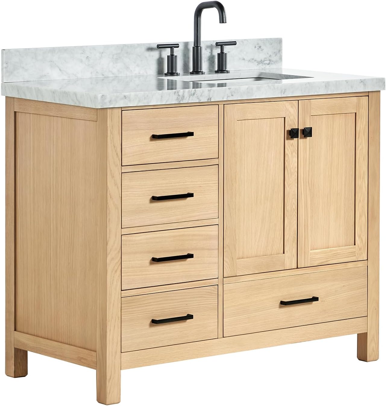 ARIEL 66-Inch Oak Bathroom Vanity with Sink, Italian Carrara Marble Countertop 1.5' Edge & Backsplash, Soft Closing Doors & Drawers, Matte Black Hardware