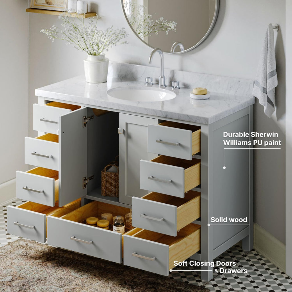 ARIEL Cambridge 48-inch Bathroom Vanity with Sink,Solid Wood, 1.5-inch Italian Carrara Marble Countertop & Backsplash, Single Oval Porcelain Sink, 2 Soft Closing Doors, 9 Dovetail Drawers, Grey