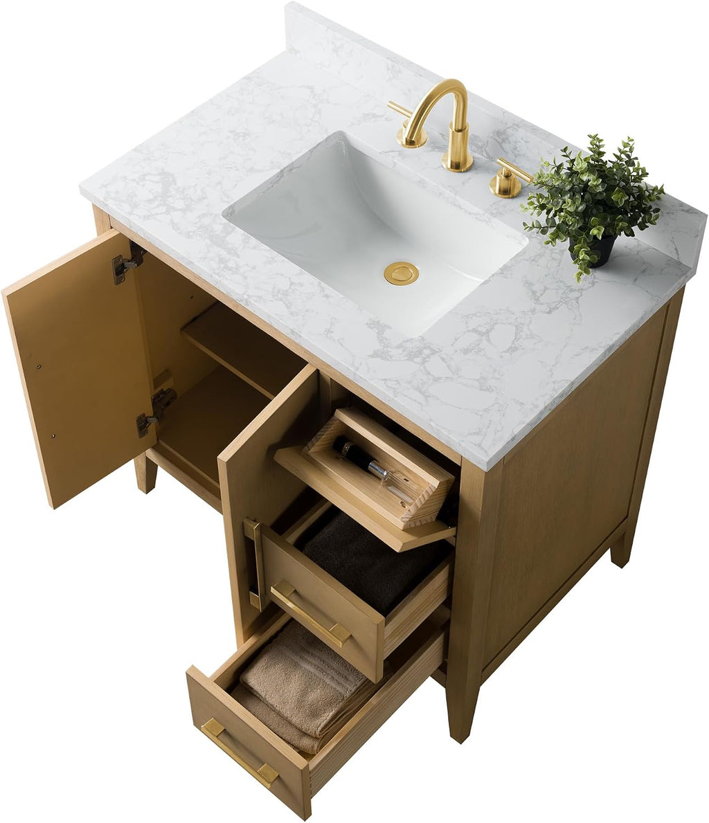 HOMEBEYOND 36 Inch Bathroom Vanities with Sink & Ceramic Top, Single Vanity Cabinet with Basin, Solid Wood Frame, Soft-Closing Doors & Golden Brushed Hardware, Natural Oak