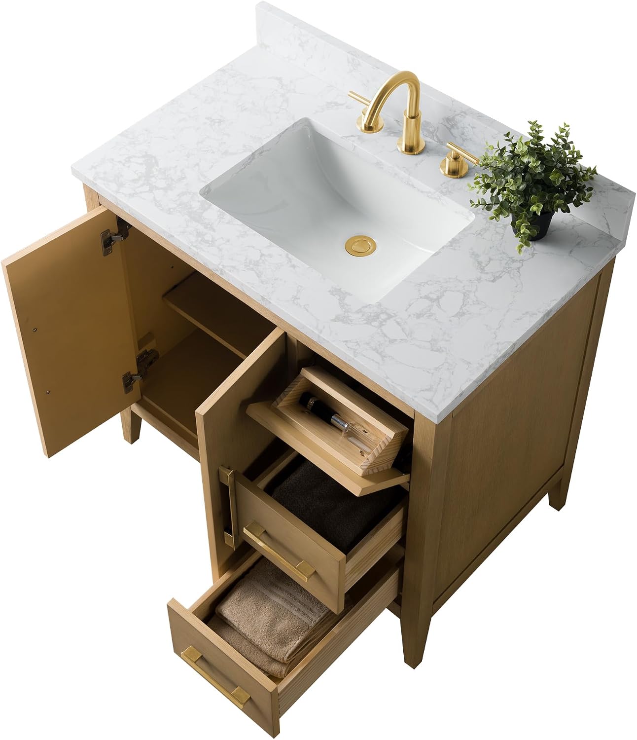 HOMEBEYOND 36 Inch Bathroom Vanities with Sink & Ceramic Top, Single Vanity Cabinet with Basin, Solid Wood Frame, Soft-Closing Doors & Golden Brushed Hardware, Natural Oak