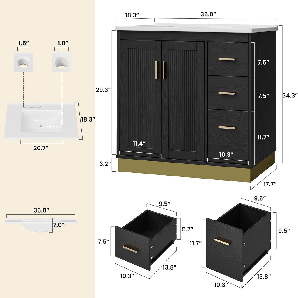ANCTOR 36 inch Bathroom Vanity with Sink, Modern Black Bathroom Sink with Upgraded All-in-One SMC Sink, Adjustable Shelves, 2 Metal Hooks, Soft Closing Doors, 3 Drawers & Gold Handles