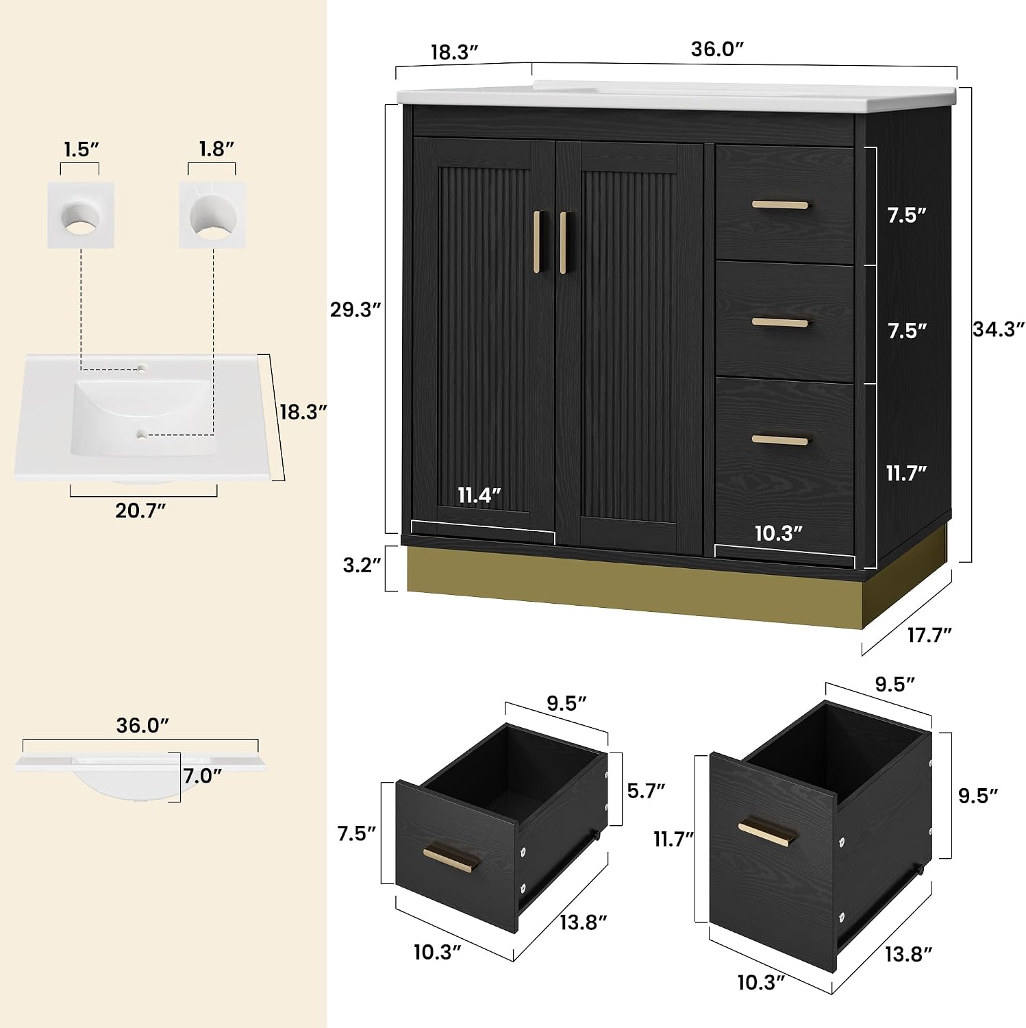ANCTOR 36 inch Bathroom Vanity with Sink, Modern Black Bathroom Sink with Upgraded All-in-One SMC Sink, Adjustable Shelves, 2 Metal Hooks, Soft Closing Doors, 3 Drawers & Gold Handles