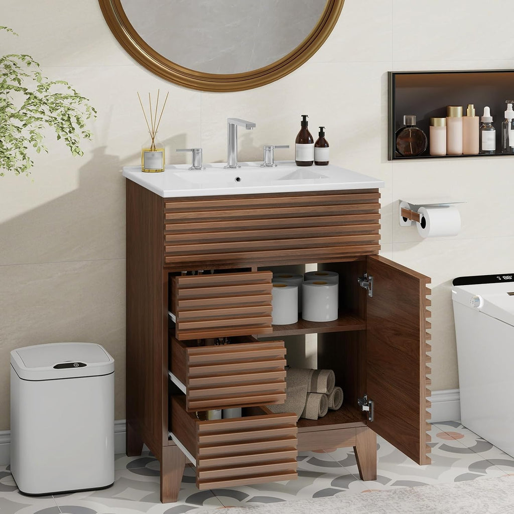 Vabches Bathroom Vanity with Sink Combo, Mid-Century Bathroom Cabinet with 3 Storage Drawers, Freestanding Storage Cabinet with Soft Closing Door, Vintage Sink Vanity with Wood Grain Laminate, Walnut