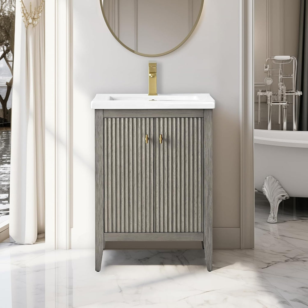 Vanity Art 24 inch Bathroom Vanity with Single Sink & Ceramic Top, Vanity Cabinet with Soft-Closing Door, Solid Wood Frame, Linear Pattern, Driftwood Gray, Golden Brushed Handware VA9124-DG-GB