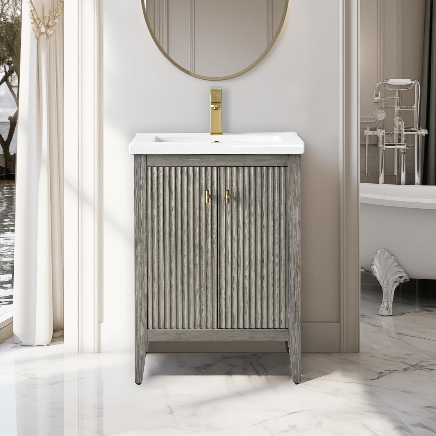 Vanity Art 24 inch Bathroom Vanity with Single Sink & Ceramic Top, Vanity Cabinet with Soft-Closing Door, Solid Wood Frame, Linear Pattern, Driftwood Gray, Golden Brushed Handware VA9124-DG-GB