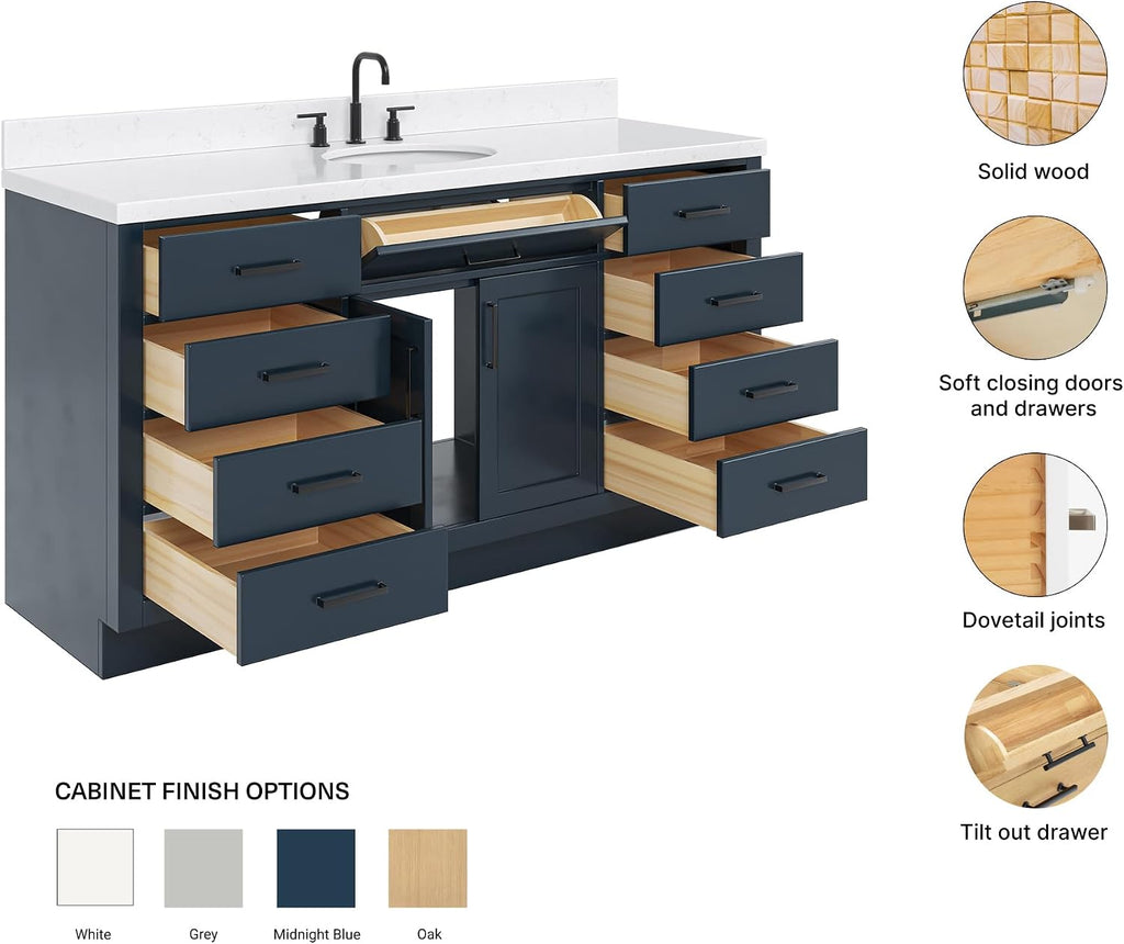 ARIEL Hepburn 66-inch Bathroom Vanity with Sink,Solid Wood, 1.5-inch Carrara White Quartz Countertop, Single Oval Porcelain Sink, 2 Soft Closing Doors, 9 Dovetail Drawers, Midnight Blue