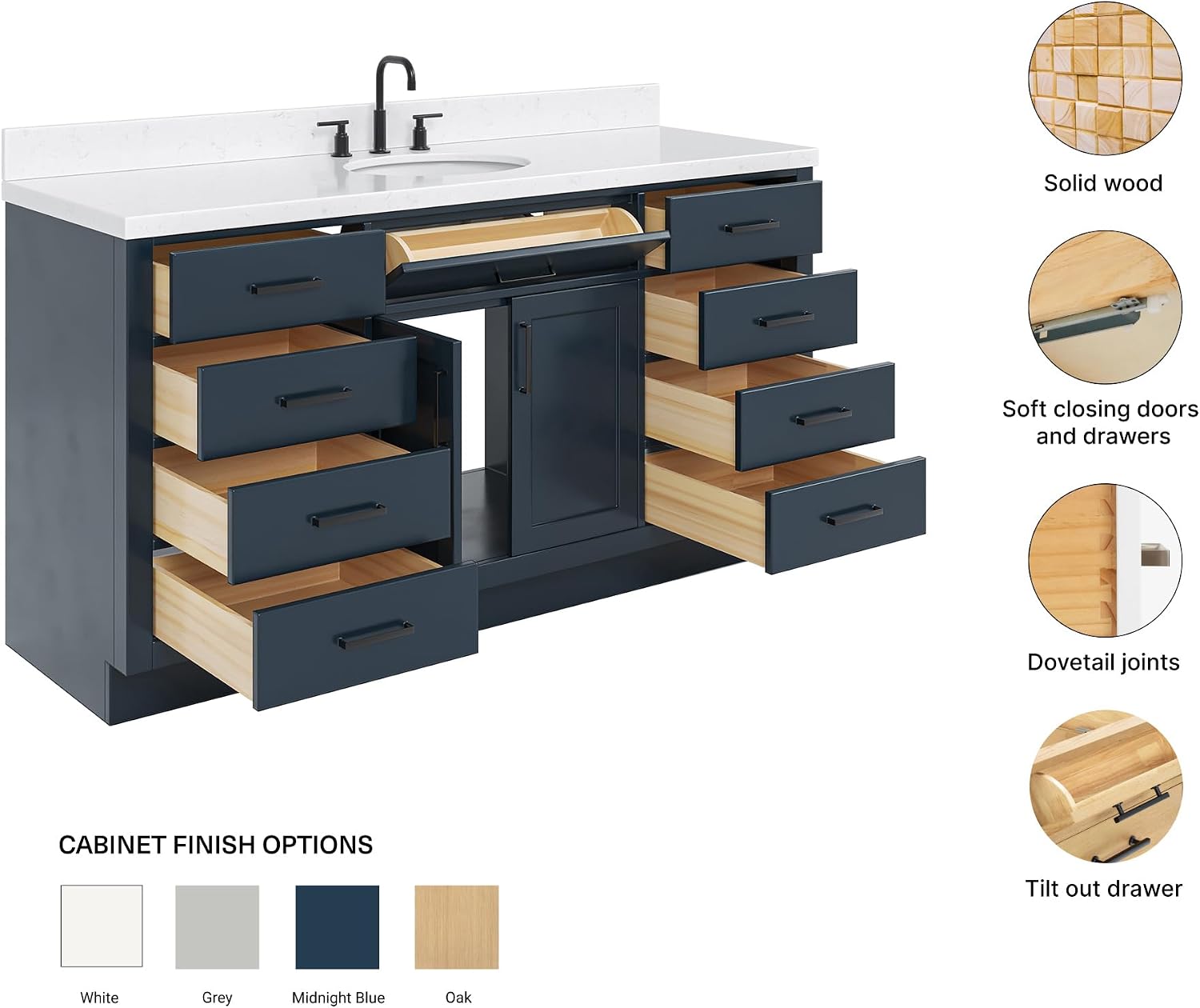 ARIEL Hepburn 66-inch Bathroom Vanity with Sink,Solid Wood, 1.5-inch Carrara White Quartz Countertop, Single Oval Porcelain Sink, 2 Soft Closing Doors, 9 Dovetail Drawers, Midnight Blue