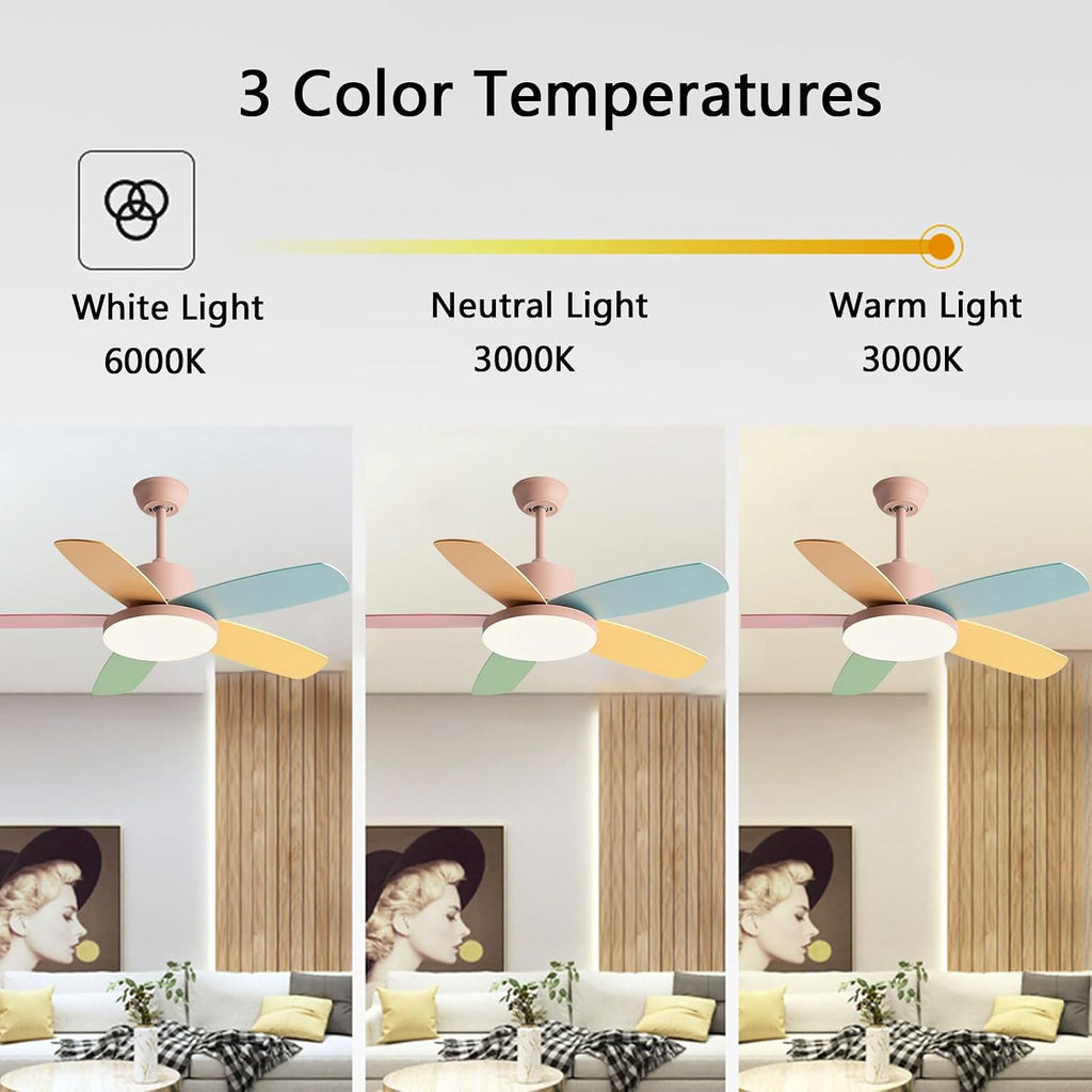 Kids Quiet Ceiling Fan with Light 48in Colorful Remote Fan Ceiling with Light Girls Boys Room Bedroom Mute Pink Ceiling Fans 6 Gear Wind Speeds 60W LED Ceiling Light Fan Lighting