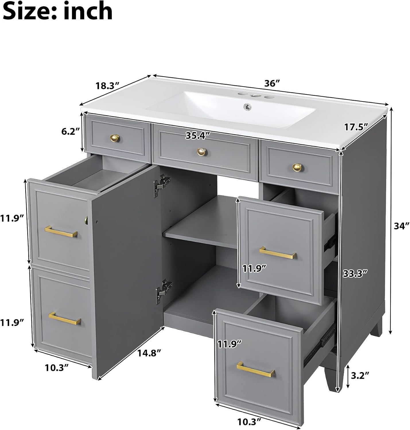 36' Bathroom Vanity Cabinet with Sink Top Combo Set, Grey, Single Sink, Shaker Cabinet with Soft Closing Door and Drawer, Grey