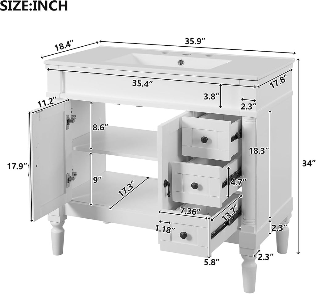 Favfurish 36' Bathroom Vanity with Ceramic Sink,Freestanding Bath Cabinet w/Soft Closing Doors,Adjustable Shelves,Modern Storage Vanity Cabinet for Smaill and Medium Bathrooms,White