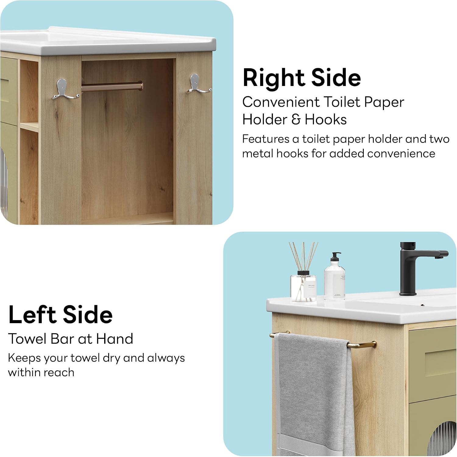 LIKIMIO 36 Inch Bathroom Vanity with Sink, Arched Glass Door Storage with Adjustable Shelf, Towel Bar & Toilet Paper Holder, Side Open Shelves, Solid Wood Legs, 36' Single Sink Vanity