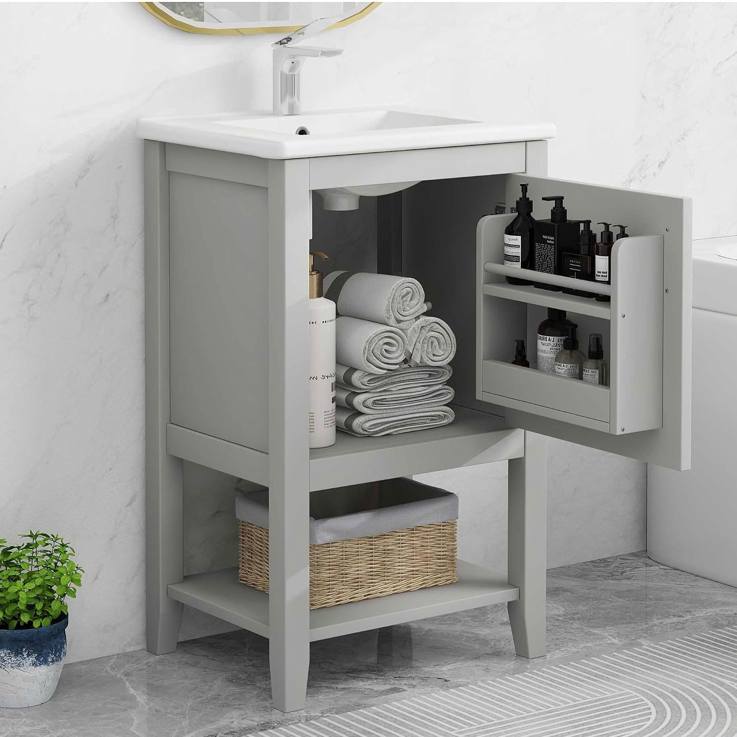 20' Bathroom Vanity Cabinet with Ceramic Sink Top Set, Freestanding, Two-Tier Storage Rack, Soft Closing Door, Grey