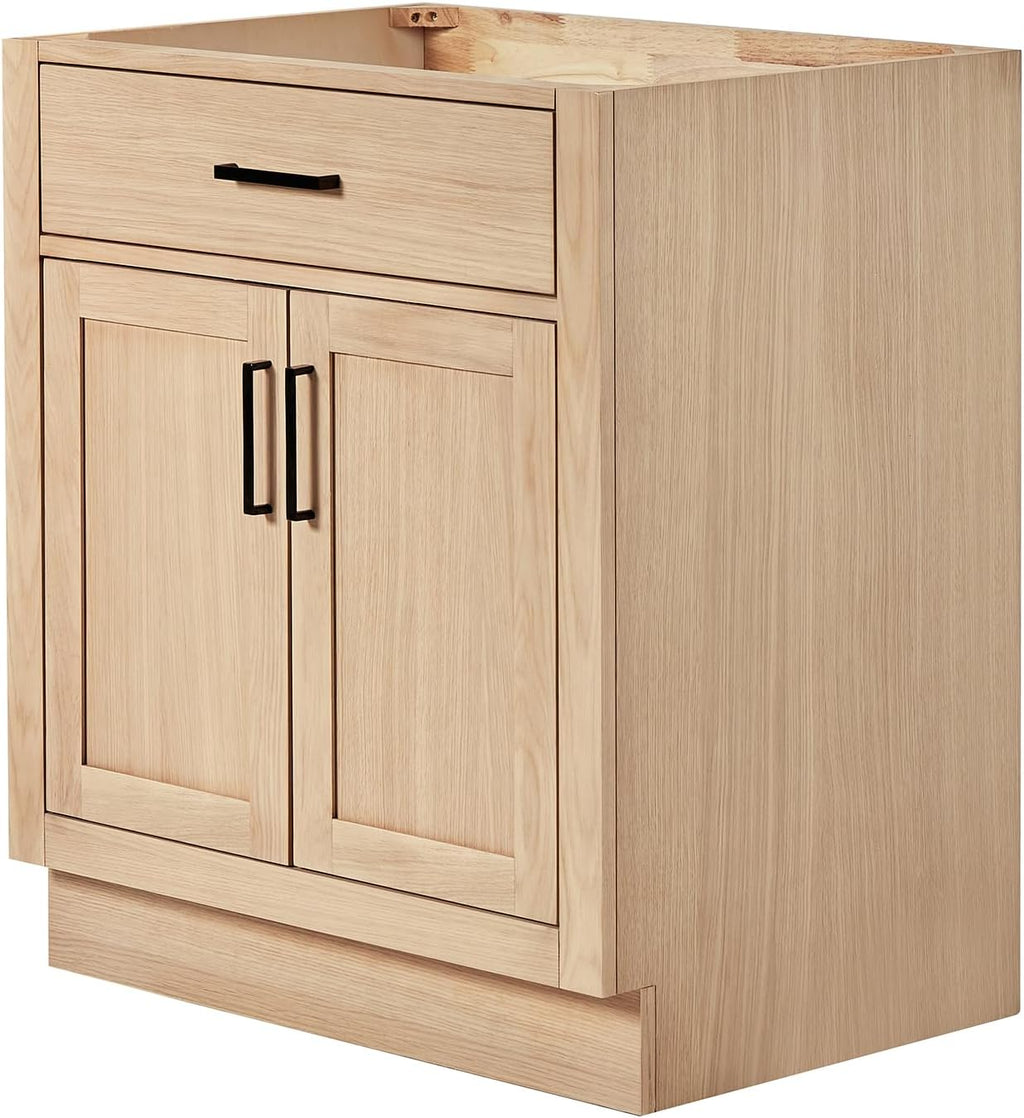 ARIEL Hepburn 30-inch Bathroom Vanity Base Cabinet,Solid Wood, 2 Soft Closing Doors, 1 Dovetail Drawers, White Oak