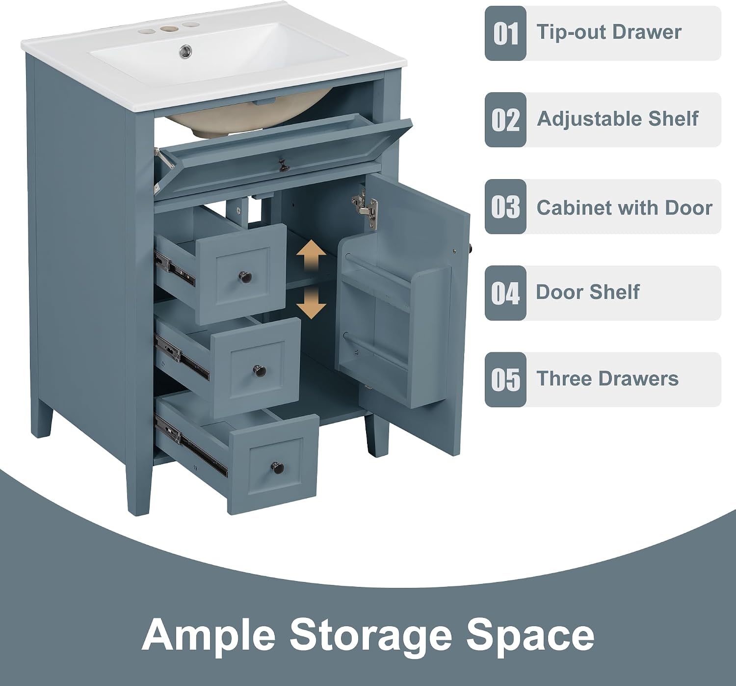 24' Bathroom Vanities Sink Set, Cabinet with Multi-Functional Tip-Out Drawer and Adjustable Shelf, Soft-Closing Door, Solid Wood Legs, Gray Blue