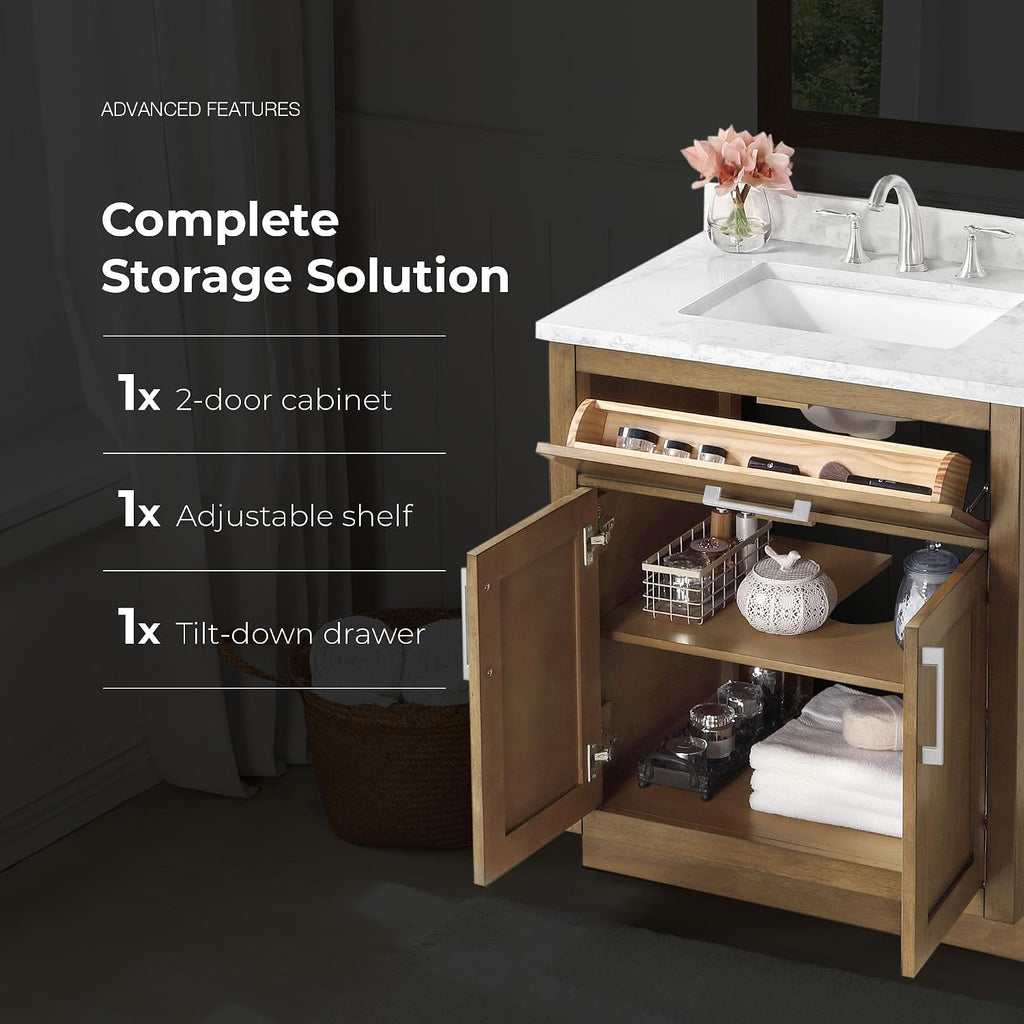 OVE Decors Athea 30' Single Undermount Sink Bathroom Vanity with Cultured Marble Countertop and Backsplash in Almond Latte Finish