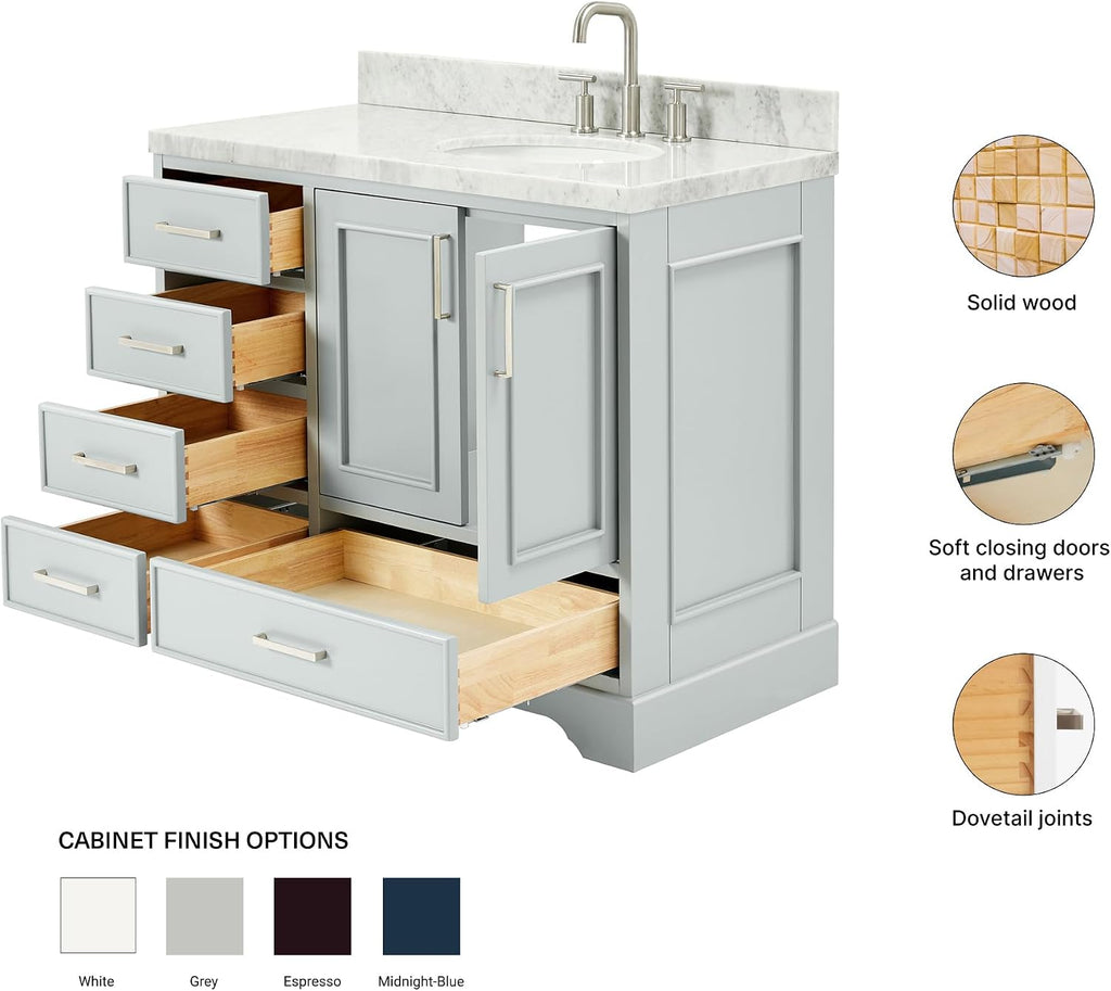 DKB Langford 42-inch Grey Bathroom Vanity with Right Oval Single Sink, Italian Carrara Marble Countertop & Backsplash, Solid Wood Frame, Soft-Closing & Dovetail Drawers